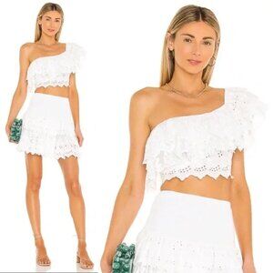 Place Nationale Melo Ruffle crop dress Top lace eyelet White one shoulder xs